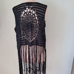 Rock & Roll Denim Black Fringe Crochet Tunic Cardigan